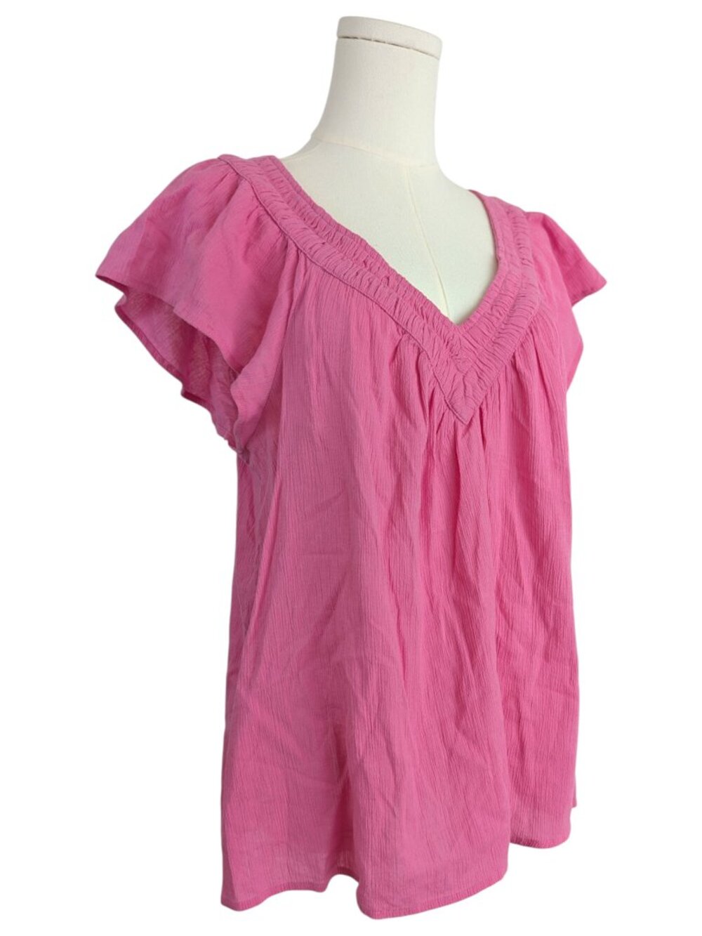 Lucky Brand Pink Cotton Top Short Flutter Sleeve Gauze V-Neck Size M